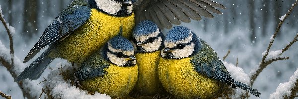 Gniazdo, Sikorka, Modraszka zwyczajna, Pisklęta, Ptaki, Zima