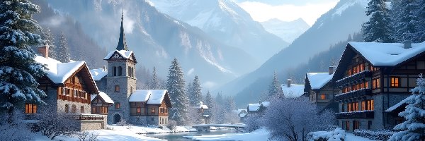 Rzeka, Domy, Kościół, Góry, Miasteczko, Zima