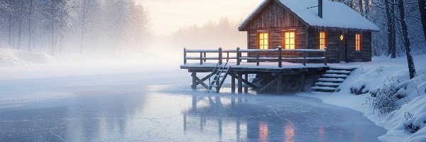 Zima, Dom, Rzeka, Mgła, Drzewa