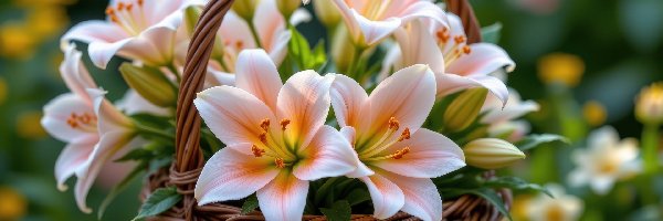 Biało-pomarańczowe, Pąki, Lilie, Koszyk, Wiklinowy