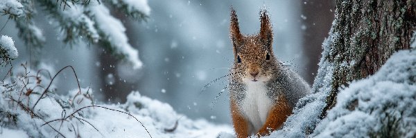 Wiewiórka, Pień, Zima, Grafika AI, Gałązki