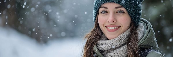 Długie, Uśmiech, Kurtka, Szal, Szatynka, Włosy, Czapka, Kobieta