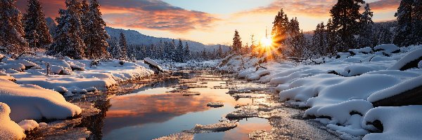 Zima, Śnieg, Rzeka, Zachód słońca, Drzewa