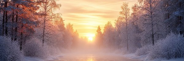 Wschód słońca, Mgła, Oszronione, Rzeka, Zima, Las, Drzewa