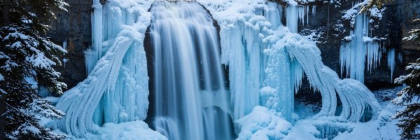 Drzewa, Wodospad, Sople, Zima, Oblodzony, Skały
