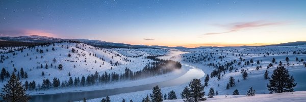 Rzeka, Drzewa, Wzgórza, Zima