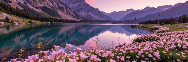 Góry, Łąka, Jezioro, Różowe, Kwiaty
