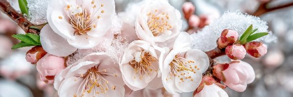 Kwiaty, Śnieg, Gałązki, Białe