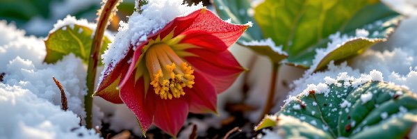 Kwiat, Liście, Czerwony, Grafika AI, Śnieg