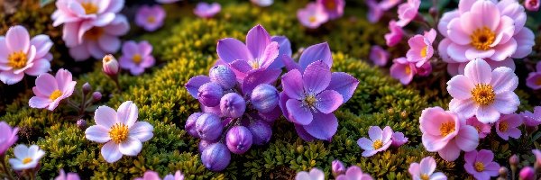 Fioletowe, Mech, Kwiaty, Różowe