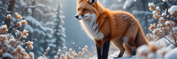 Rośliny, Zima, Śnieg, Lis, Rudy, Drzewa, Ośnieżone