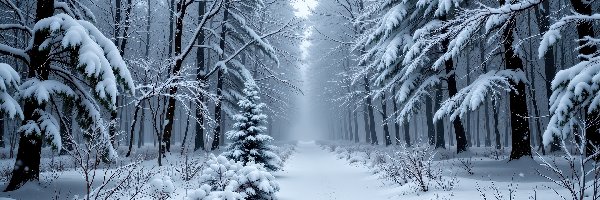 Las, Ścieżka, Drzewa, Grafika AI, Zaśnieżona, Zima