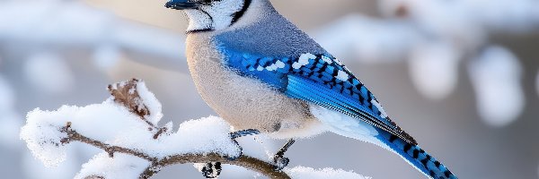 Zima, Modrosójka, Ptak, Gałązka, Ośnieżona