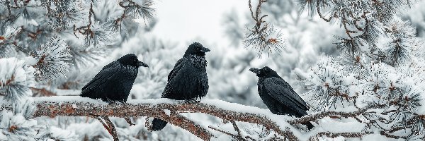 Grafika AI, Gałąź, Sosna, Kruki, Trzy, Zima, Śnieg