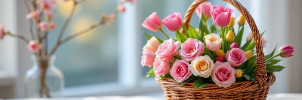 Koszyk, Tulipany, Płatki, Okno, Róże, Kwiaty