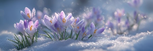 Śnieg, Kwiaty, Zima, Grafika AI, Krokusy, Fioletowe