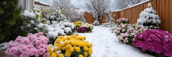 Dom, Krzewy, Kwiaty, Ogrodzenie, Zima, Ogród
