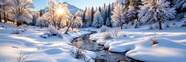 Wschód słońca, Śnieg, Las, Strumień, Zima, Drzewa, Ośnieżone