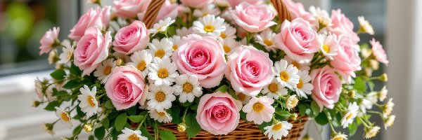 Białe, Różowe, Stolik, Koszyk, Róże, Stokrotki, Bukiet, Kwiaty