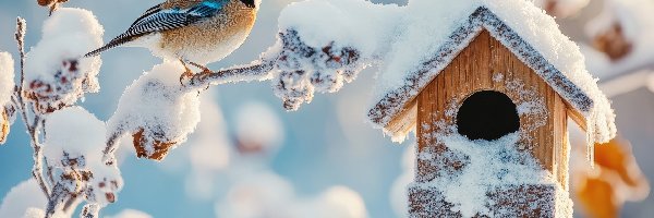 Gałązka, Sikorka, Ośnieżona, Karmnik, Ptak, Zima