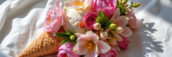Rożek, Bukiet, Lód, Wafel, Kwiaty, Kolorowe