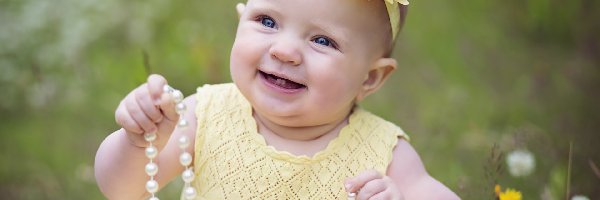 Perły, Żółta, Sukienka, Dziewczynka, Dziecko, Kwiat, Wstążka