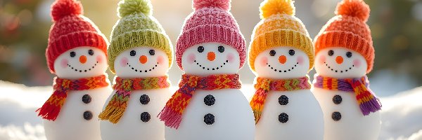 Zima, Kolorowe, Bałwanki, Szaliki, Czapki