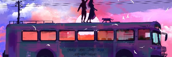 Autobus, Chłopak, Dziewczyna, Grafika, Kot