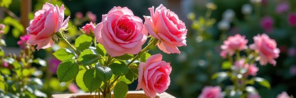 Kwiaty, Różowe, Róże, Skrzynka, Drewniana