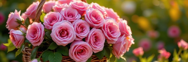 Różowe, Bukiet, Róże, Koszyk, Wiklinowy