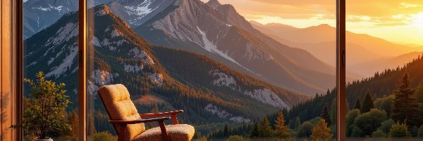 Okno, Fotel, Zachód słońca, Drzewa, Wazon, Widok, Góry, Pokój