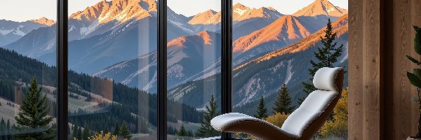 Pokój, Okno, Fotel, Grafika AI, Góry