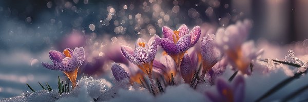 Fioletowe, Śnieg, Krokusy, AI, Grafika