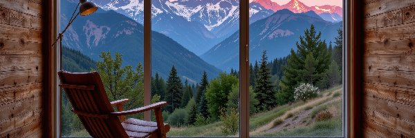 Góry, Okno, Drzewa, Grafika AI, Fotel, Pokój