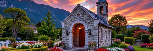 Kościół, Ogród, Kwiaty, Góry, Zachód słońca