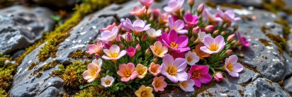 Kwiaty, Mech, Skała, Kolorowe