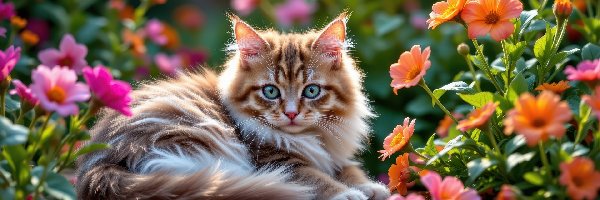 Kot, Grafika AI, Kwiaty, Rudy