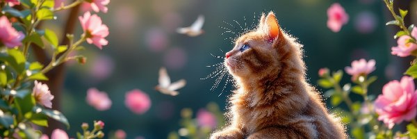 Rudy, Płot, Kot, Motyle, Kwiaty