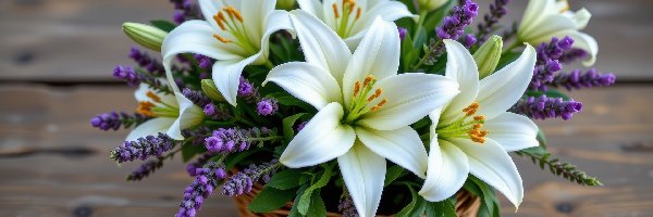 Grafika AI, Lilie, Lawenda, Białe, Kwiaty, Koszyk, Bukiet