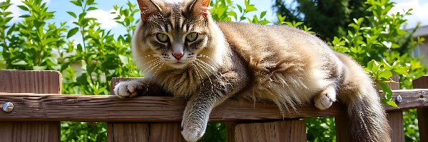 Niebo, Płot, Zieleń, Grafika AI, Puszysty, Kot