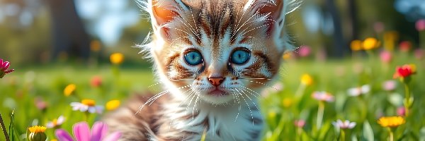 Kot, Łąka, Kotek, Grafika AI, Kwiaty