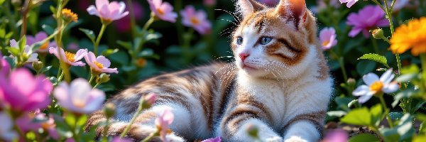 Leżący, Kot, Brązowo-biały, Kwiaty, Kolorowe