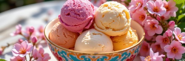 Lody, Miseczka, Gałki, Kwiaty, Różowe