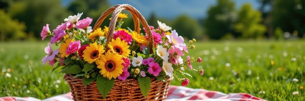 Łąka, Koszyk, Wiklinowy, Koc, Kolorowe, Kwiaty
