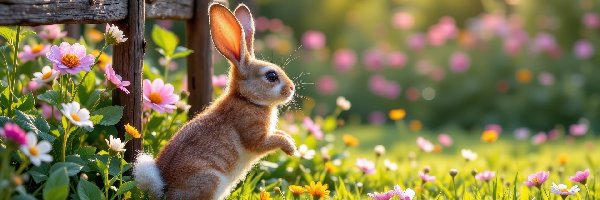 Łąka, Płot, Kwiaty, Królik