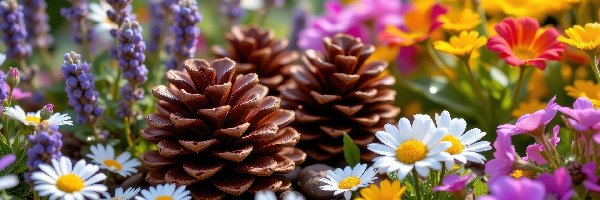 Kolorowe, Stokrotki, Kwiaty, Szyszki, Lawenda