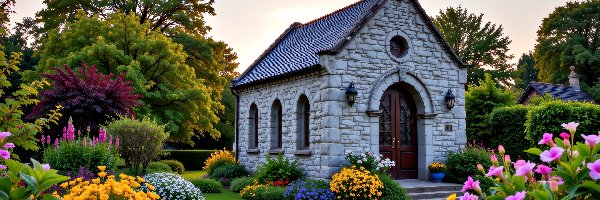 Drzewa, Kwiaty, Ogród, Grafika AI, Kościół, Kaplica