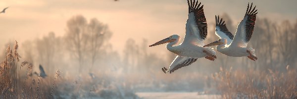 Dwa, Lot, Pelikany, Grafika AI, Zima