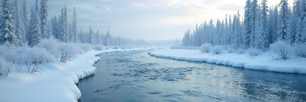 Krzewy, Ośnieżone, Drzewa, Śnieg, Rzeka, Zima
