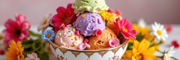 Kolorowe, Lody, Miska, Kwiaty, Wielosmakowe, Gałki